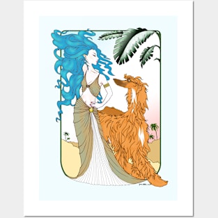 AFGHAN HOUND. Masked RED Afghan with blue haired goddess. Posters and Art